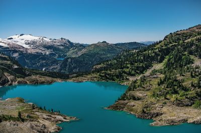 Scenic view of calm sea against mountain range