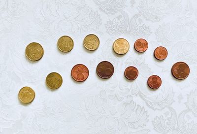 High angle view of coins on table