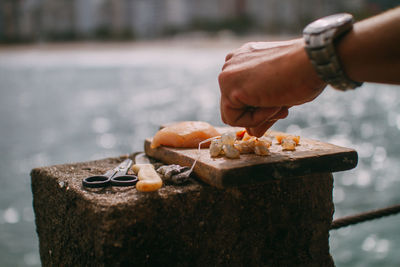 Close-up of cropped hand having seafood by river