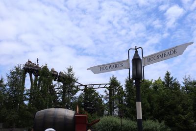 Low angle view of road sign against sky