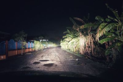 Road amidst trees against sky at night