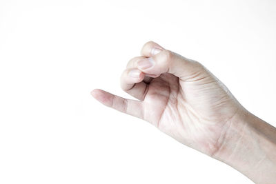 Close-up of hand holding leaf against white background