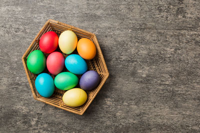 High angle view of easter eggs in basket