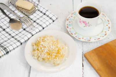 High angle view of breakfast served on table