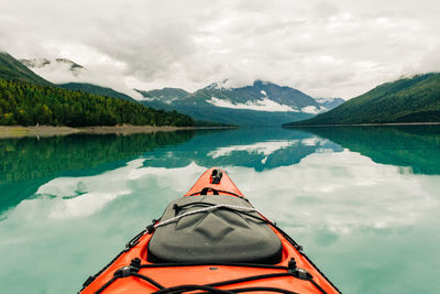 Scenic view of lake by mountains against sky