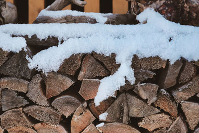 Close-up of stacked wood on snow covered log