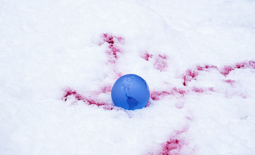 The concept of symbolism. crystal earth globe on snow with blood stains, selective focus