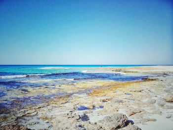 Scenic view of sea against clear blue sky