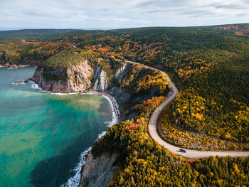 Aerial view of scotch head during autumn, cape breton island, nova scotia, canada