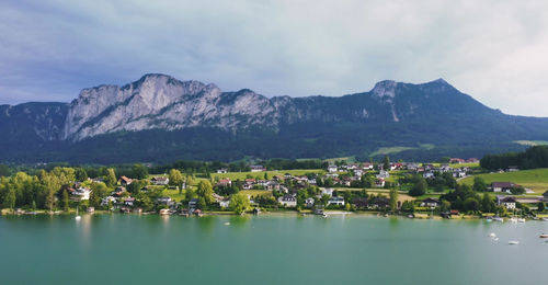 Scenic view of lake and mountains against sky