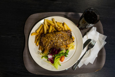 High angle view of meal served on table