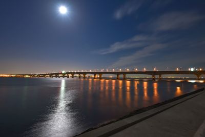 Illuminated bridge over river in city against sky at night
