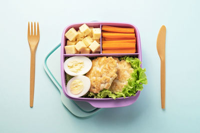 High angle view of meal served on table