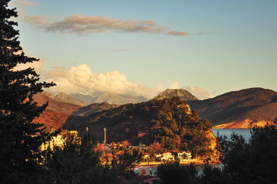 Scenic view of mountains against sky during sunset