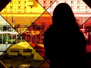 Rear view of woman standing against window