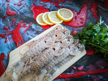 High angle view of fish on table