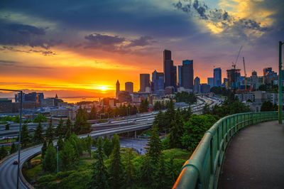 High angle view of cityscape against sky during sunset