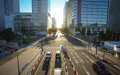 An urban landscape illuminated by the setting sun in the evening