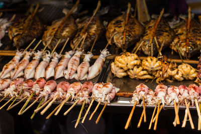 High angle view of meat on barbecue