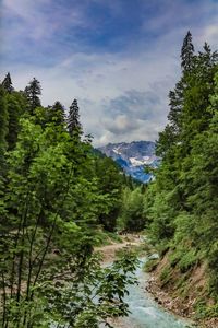 Scenic view of river amidst mountains against sky