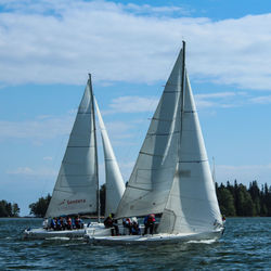 Sailboat sailing in sea against sky