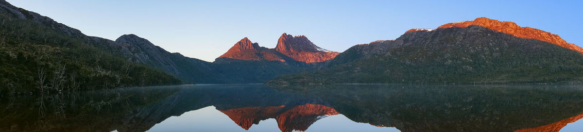 Panoramic view of lake and rocks against sky