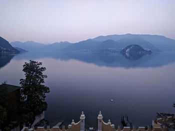 Scenic view of lake and mountains against sky