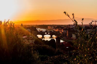 Bridge over river against sky during sunset