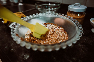 High angle view of breakfast on table