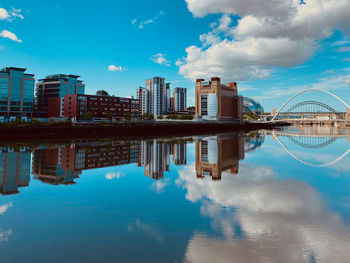 Reflection of buildings in water against sky