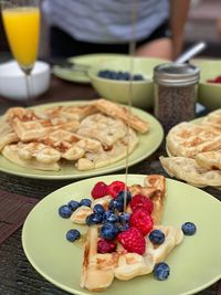 High angle view of breakfast served on table