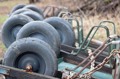 Rusty agricultural machinery on field