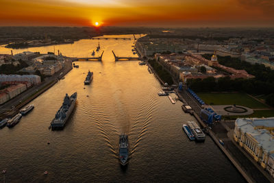 High angle view of city at sunset