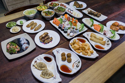 High angle view of meal served on table