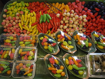 High angle view of vegetables for sale at market stall