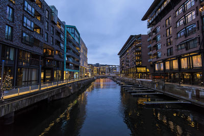 Canal amidst buildings in city against sky