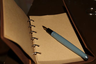 Close-up of fountain pen on diary