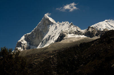 Scenic view of snowcapped mountains against clear blue sky