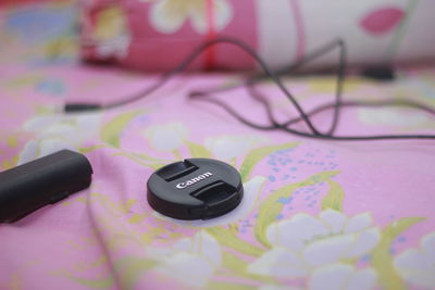 High angle view of smart phone on table