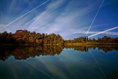 Reflection of trees in lake against sky