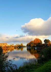 Scenic view of river against sky at sunset