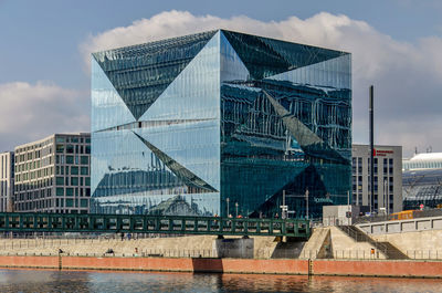 Modern architecture, oddly shaped and reflected, on washington square, reflecting in the river spree