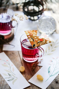 High angle view of drink on table