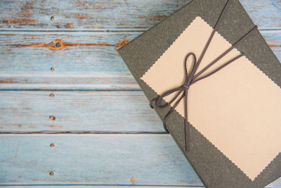 High angle view of box on wooden table