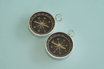 Close-up of navigational compass against blue background
