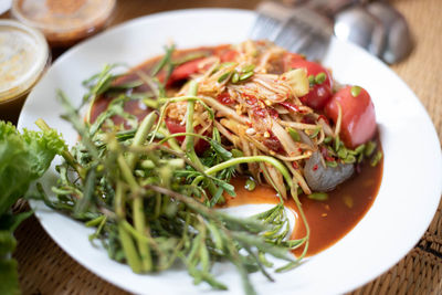 High angle view of meal served in plate on table