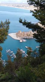 High angle view of sailboats on sea shore