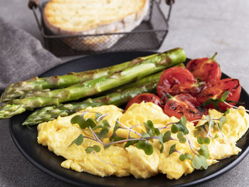 High angle view of breakfast served on table