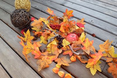 High angle view of autumn leaves on wood