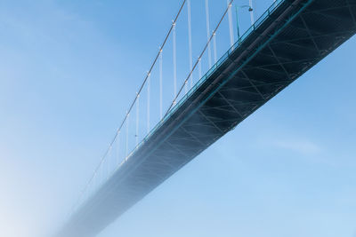 Low angle view of suspension bridge against clear blue sky